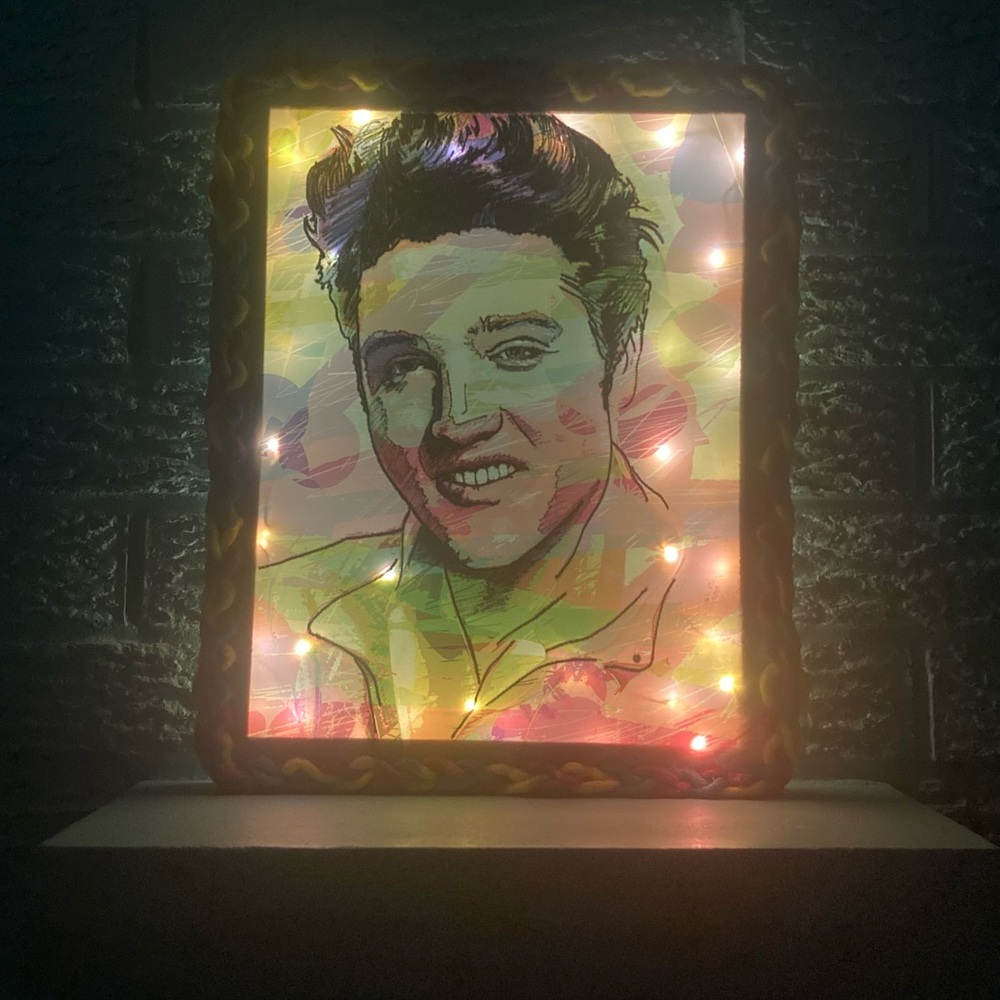 Elvis Presley Print - Upcycled - Backlit with Hand Drawn Reverse Image